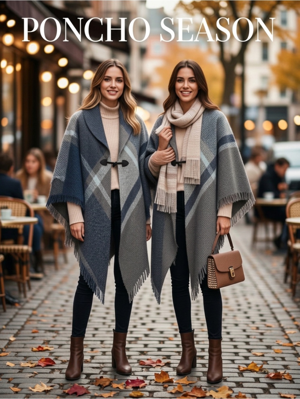 Altare Women's Gray Plaid Fringe Poncho with Toggle Closure